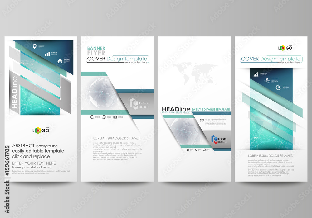 The minimalistic abstract vector illustration of editable layout of four modern vertical banners, flyers design business templates. Chemistry pattern. Molecule structure. Medical, science background. The minimalistic abstract vector illustration of editable layout of four modern vertical banners, flyers design business templates. Chemistry pattern. Molecule structure. Medical, science background.
