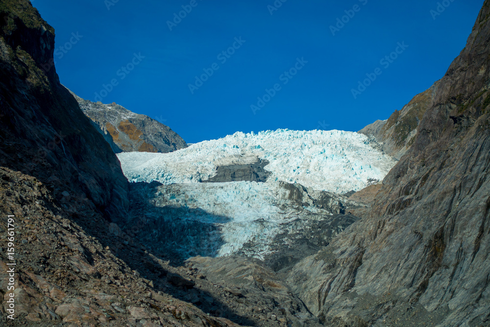 Franz Josef Glacier and valley floor, Westland, South Island, Franz Josef Glacier National Park, in New Zealand