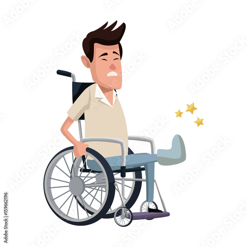 cartoon man sitting wheelchair with fractured leg suffering from pain vector illustration