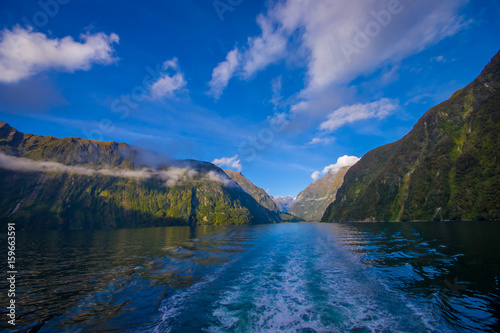landscape of high mountain glacier at milford sound with a beautiful lake, in south island in New Zealand