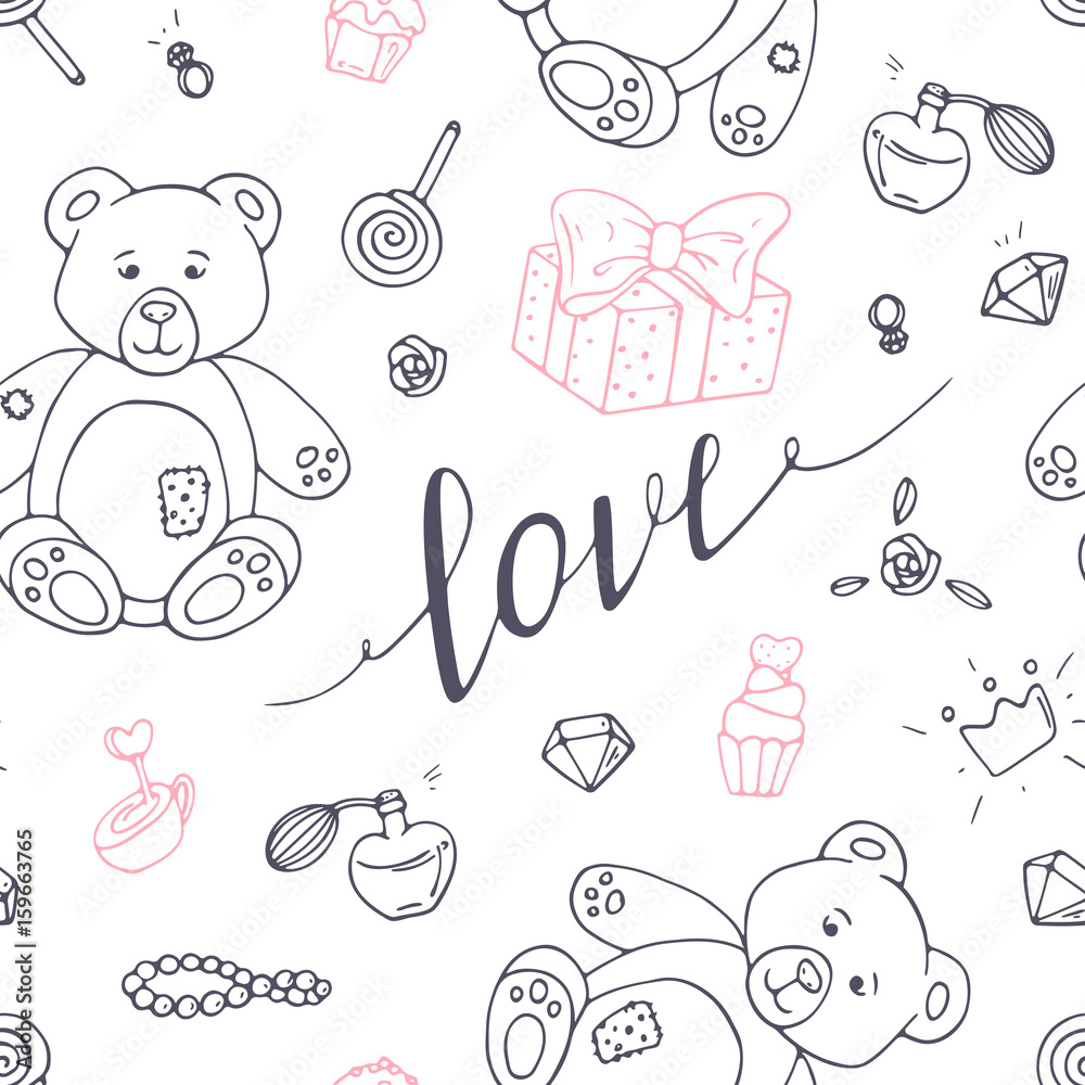 Valentines day outline seamless pattern with LOVE hand drawn sign