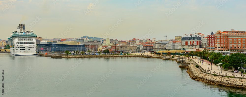 Panoramic view of the port of La Coruna, Galicia, Spain as seen from the Castle of San Anton