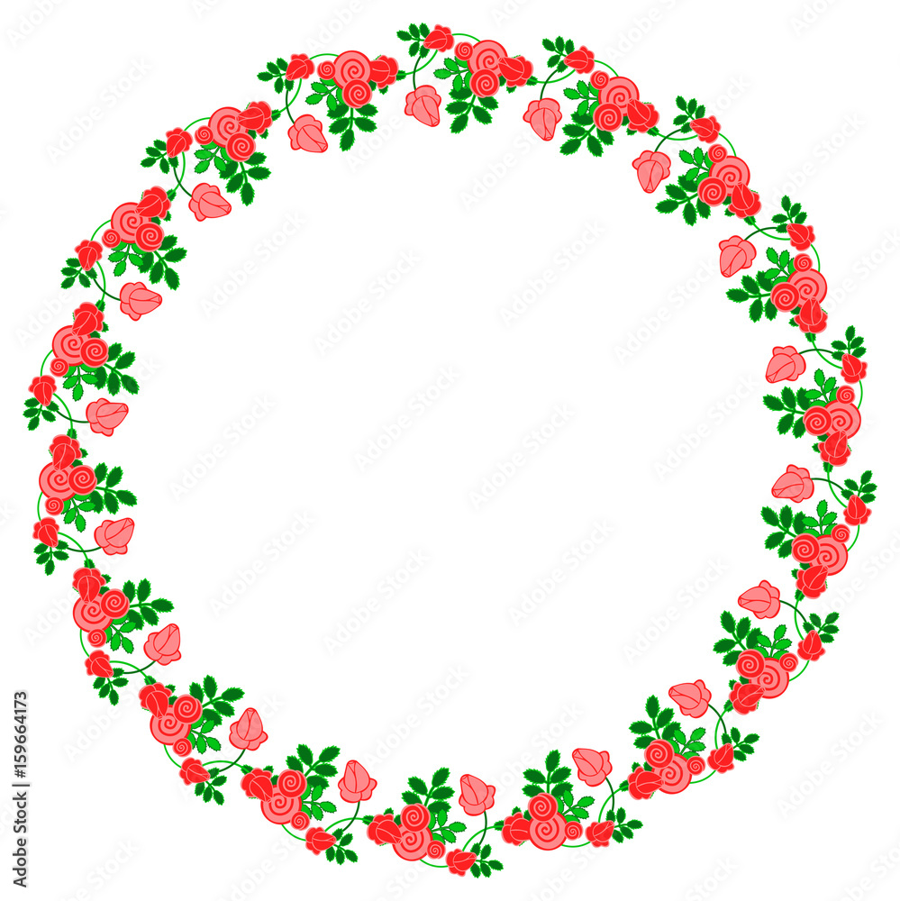 Color  round frame with decorative red roses. Copy space. Vector clip art.