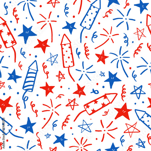 Hand drawn doodles. Fourth of July. Independence Day. Vector seamless pattern