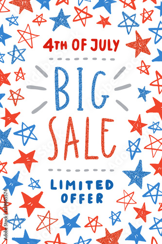 Fourth of July sale poster design. Independence Day card template with amazing glitter stars. Vector illustration