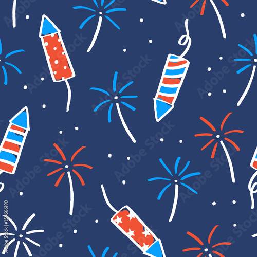 Fireworks and sparklers on a dark background. Seamless pattern for Independence Day. Vector illustration