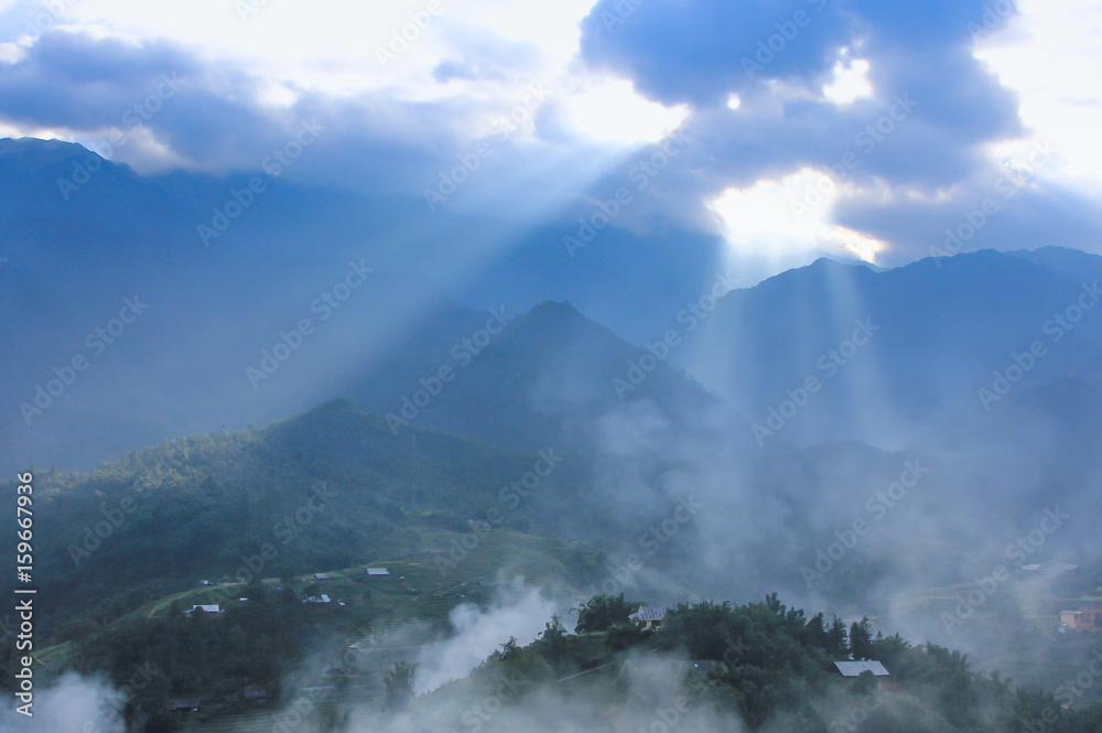 lighting through behind the mountain,Sapa Vietnam