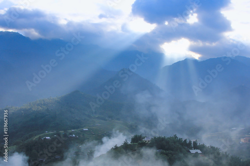 lighting through behind the mountain,Sapa Vietnam