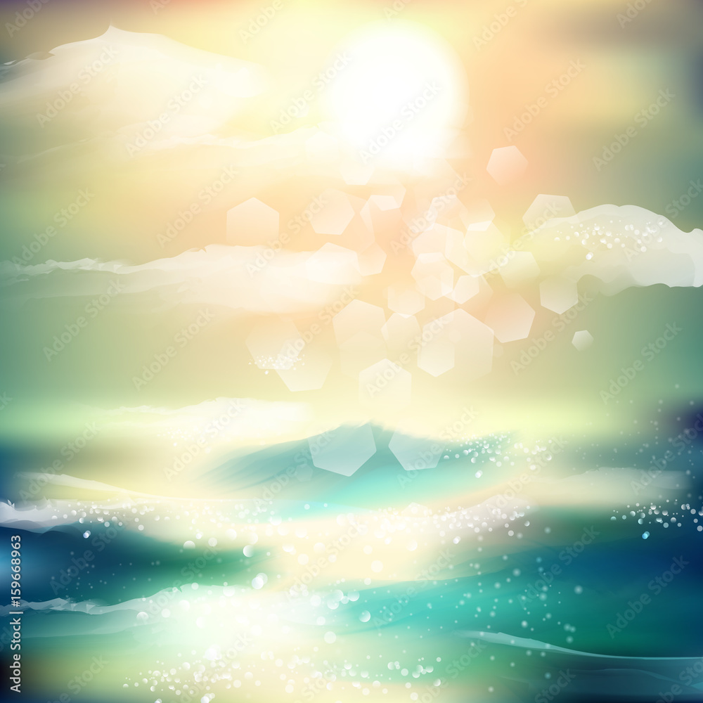 Spring and summer watercolor ocean background with shining sparks and bokeh. Vector Illustration, Graphic Design Editable For Your Design.