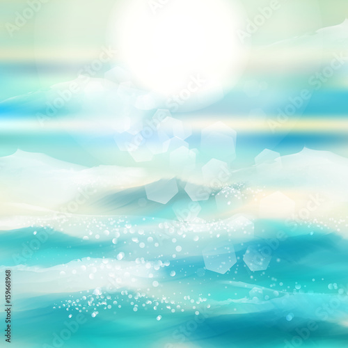 Spring and summer watercolor ocean background with shining sparks and bokeh. Vector Illustration, Graphic Design Editable For Your Design.