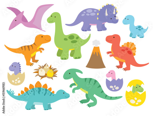 Ilustracja wektorowa dinozaurów, w tym stegozaur, brontozaur, welociraptor, triceratops, tyrannosaurus rex, spinozaur i pterozaury.