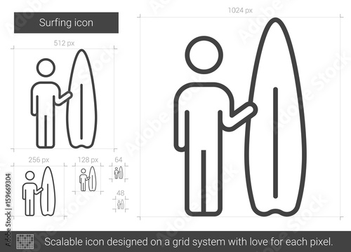 Surfing vector line icon isolated on white background. Surfing line icon for infographic, website or app. Scalable icon designed on a grid system.