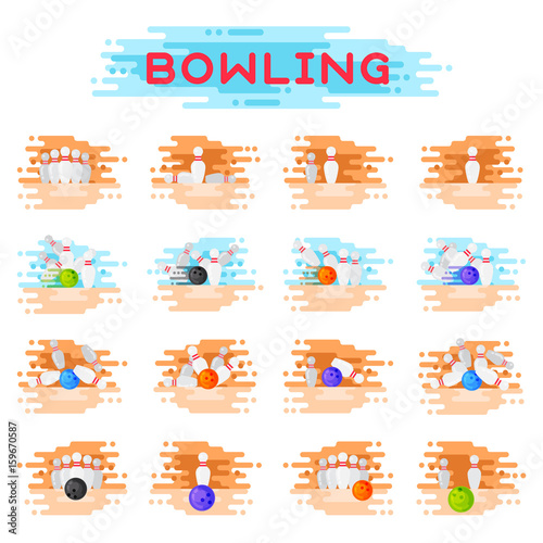 Bowling kegling ball and skittles ninepins crashing game combinations kegling vector illustration