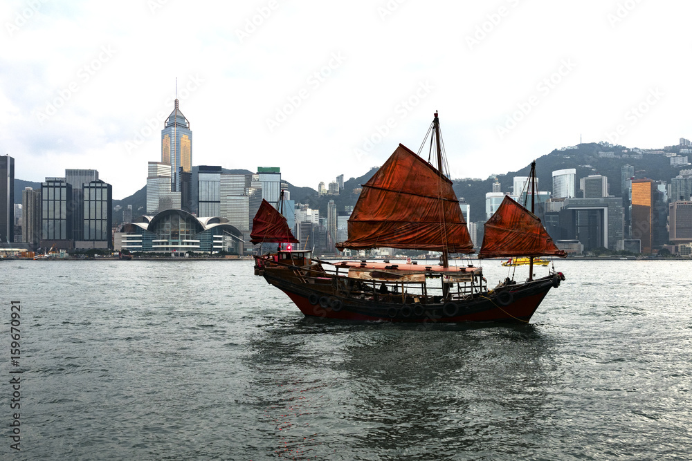 Junk boat  in Hong Kong Victoria Harbour