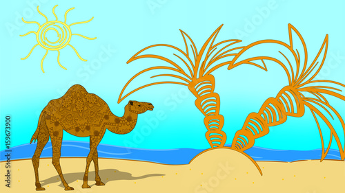 vector illustration. Egypt. Beach and sea. A camel with a mandala. © zhanstudio