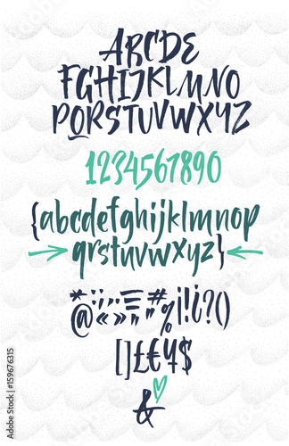 Handwritten script font. Brush font. Uppercase, lowercase, numbers, punctuation 