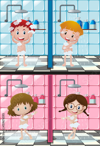 Four kids showering in bathroom