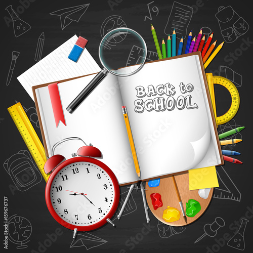 Cartoon school and office supplies on chalkboard background