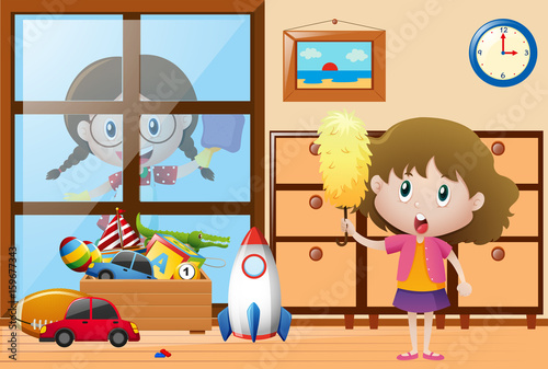 Two kids cleaning window and shelves at home