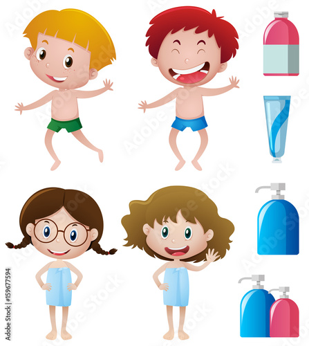 Happy children and bathroom accessories