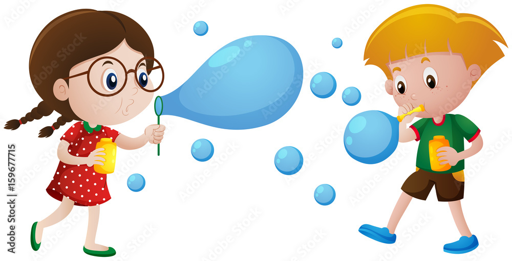 Boy and girl blowing bubbles - obrazy, fototapety, plakaty 