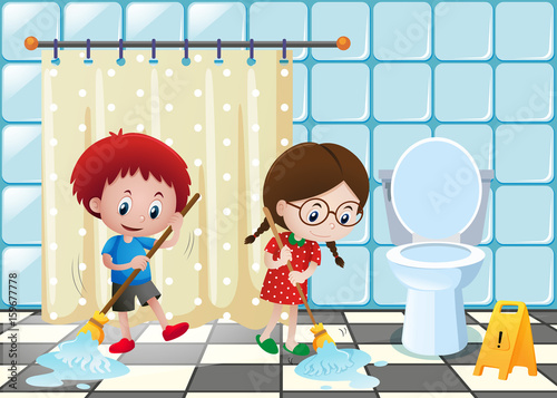 Boy and girl cleaning the bathroom