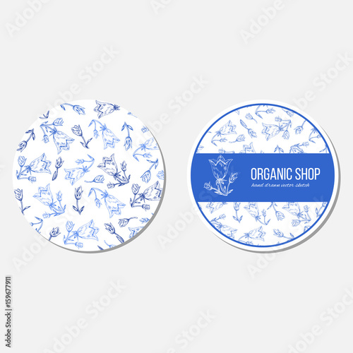 Bell flower hand drawn vector colorful sketch isolated on white background, seamless pattern, decorative floral blue texture, template label frame, layout design for card, beauty salon, cosmetics, spa