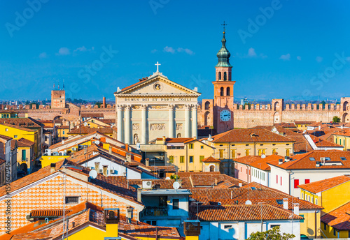 Wallpaper Mural Panorama of the walled city of Cittadella. Cityscape of the medieval Italian town. (Text on the cathedral in Latin: Temple of Heaven and the Gate) Province of Padua. Northern Italy. Torontodigital.ca