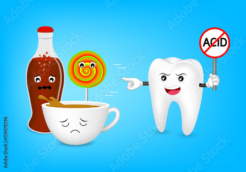 Cute cartoon tooth character holding no acid sign. Acidic food and drink, coffee, aerated soft drink and candy. Dental care concept, illustration isolated on blue background.