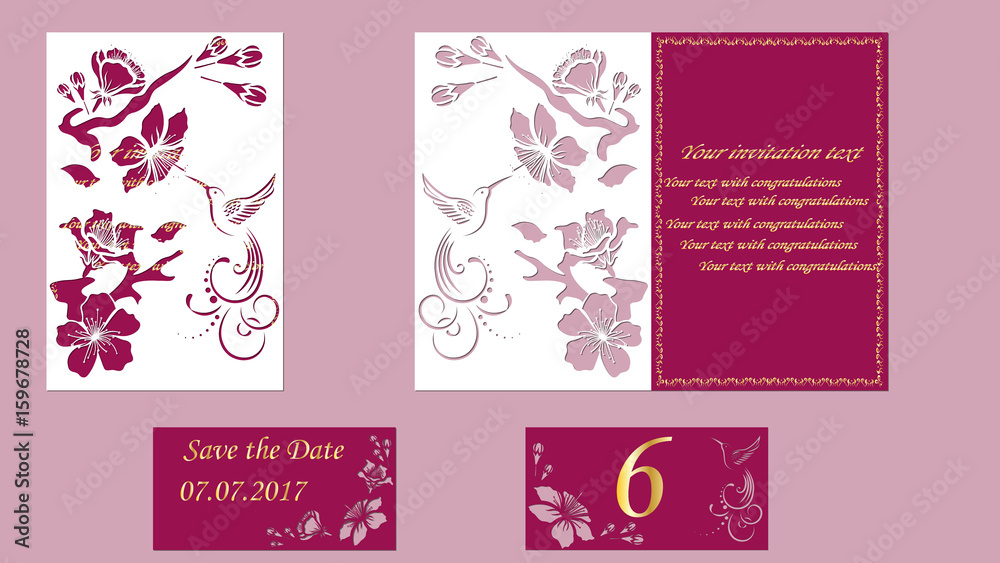 branch sakura. Hummingbird. Laser cutting. Greeting card with flowers sakura. Vector illustration. pink. bird colibri.