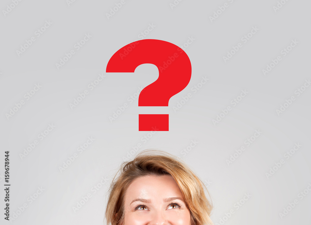 Thinking women with question mark above her head Thinking women with question mark above her head