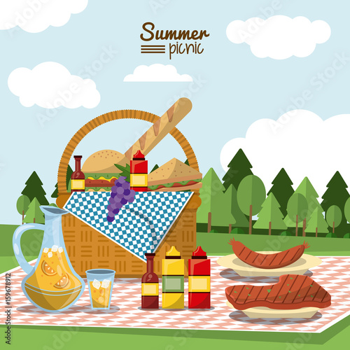 colorful poster of summer picnic with outdoor landscape and picnic basket full of food in tablecloth with juice jar and sausage and meat to grill vector illustration