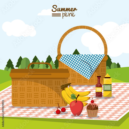 colorful poster of summer picnic with field landscape and two picnic basket in tablecloth with fruits and dessert vector illustration