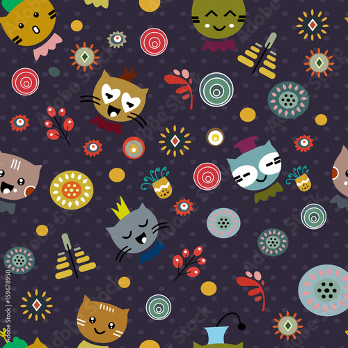 seamless patterns with face cats, flowers, circle