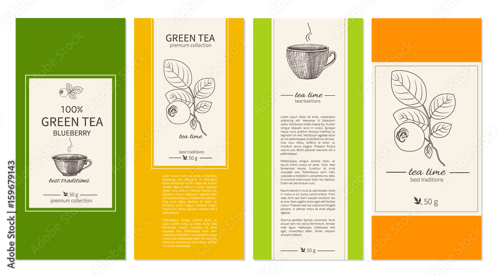Obraz premium Collection of templates for packaging tea, coffee. Design for label, banner, poster, identity, branding with sketched cups, graphic blueberry and text. Can be used for magazines, web sites, restaurant
