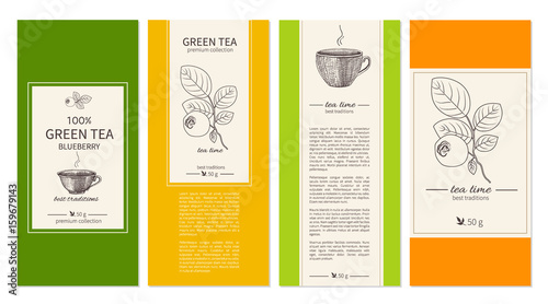 Collection of templates for packaging tea, coffee. Design for label, banner, poster, identity, branding with sketched cups, graphic blueberry and text. Can be used for magazines, web sites, restaurant