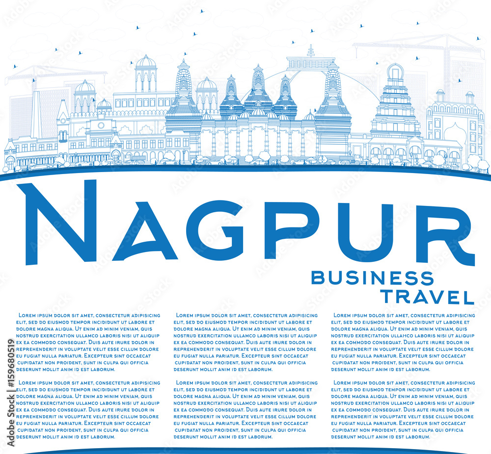 Outline Nagpur Skyline with Blue Buildings and Copy Space.