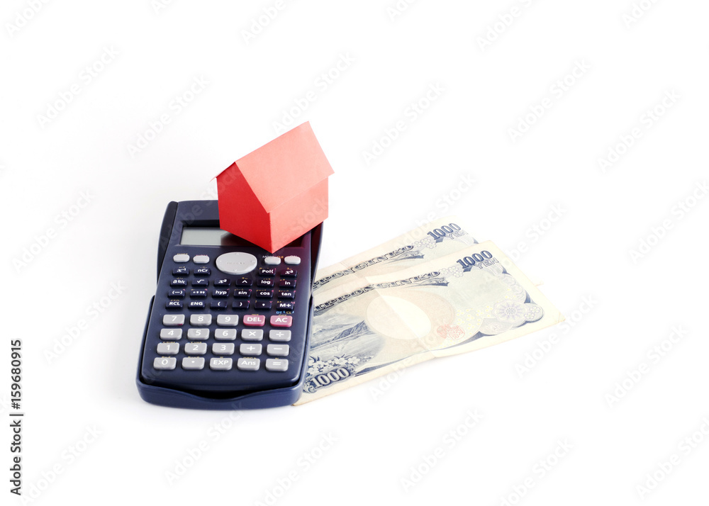 Red House paper and Calculator and Japan banknote on white backgrpund