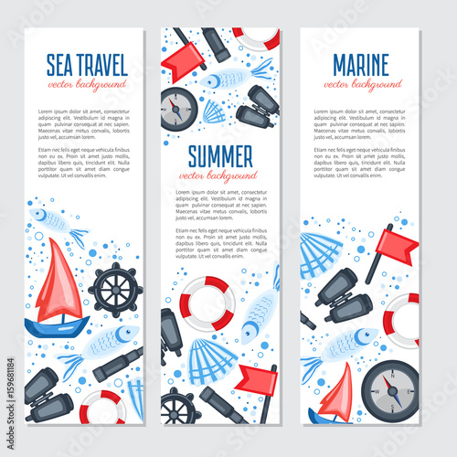 Vertical marine vector banner, cartoon illustration, Red flag, steering wheel, compass, ship, seashell, fish, binoculars, spyglass isolated on white background, design for advertising travel, invite