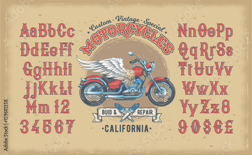 Vector illustration of a red vintage font, the Latin alphabet with retro custom motorcycle. Template, design element