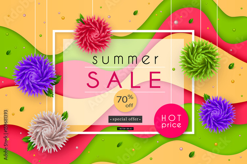 3D stylized multicolored flowers with leaves on striped background. Summer Sale. Abstract floral origami pattern. Paper style. Vector illustration