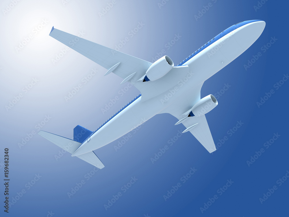 3d illustration of airplane in flying in sky.
