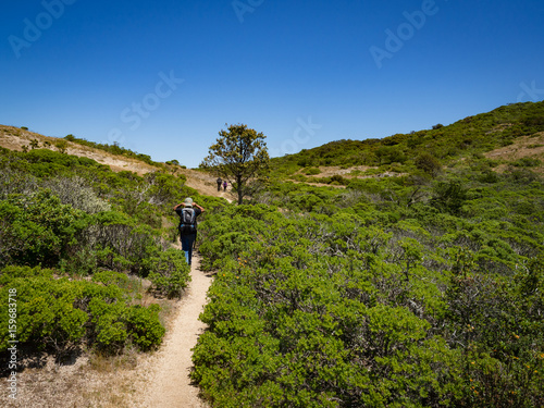 Man hiking on Grey Whale Cove Trail in Montara  Calfornia