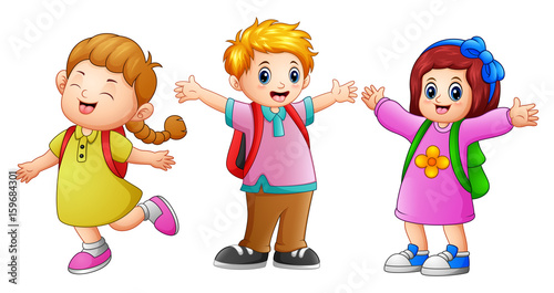 Three school kids waving