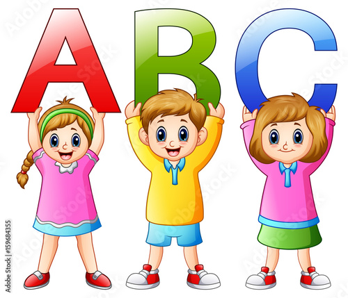 Cartoon kids showing alphabets
