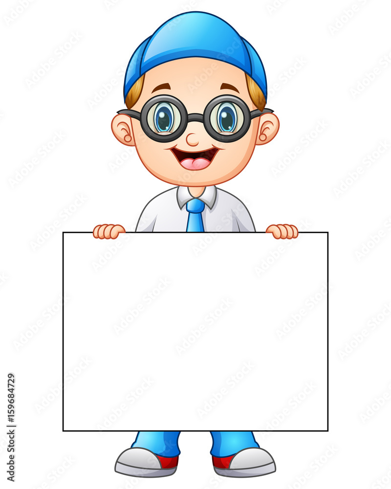 Cute boy in a school uniform holding blank sign