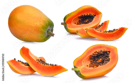 set of fresh ripe papaya isolated on white background