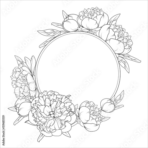 Rose peony spring summer flowers round frame wreath. Detailed outline sketch black and white vector drawing. Design element template placeholder.