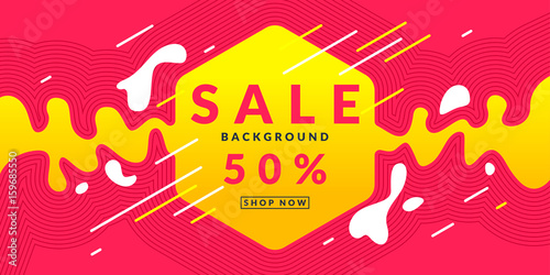 Bright colorful poster Sale 50 percent with dynamic waves and splashes. Vector illustration