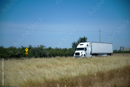 White modern semi truck on the road with yellow dry grass